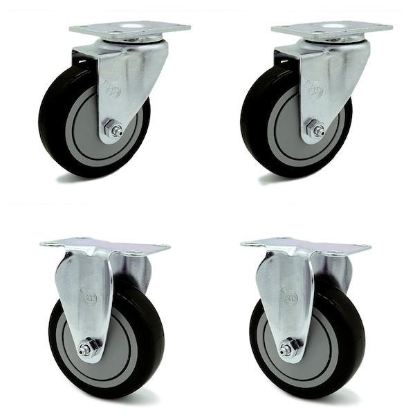 4 Inch Black Polyurethane Wheel Swivel Top Plate Caster Set with 2 Rigid SCC